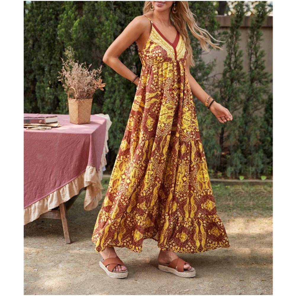 Bohemian Gypsy Army Green Ruffle Cami Maxi Dress Floral - Picture 4 of 6
